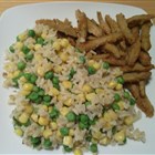 Risibisi (Reis mit Erbsen und Mais) mit Sojastreifen